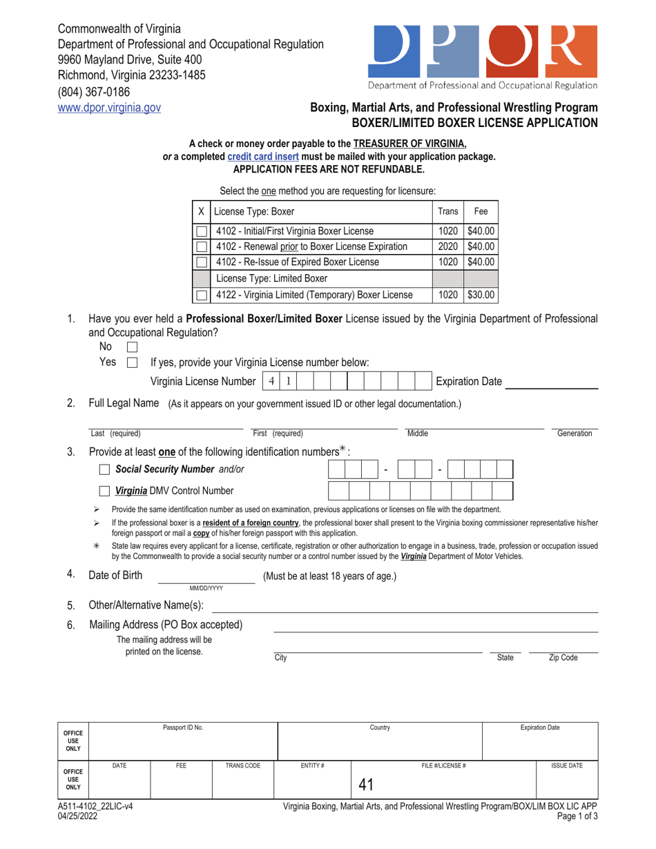 Form A511-4102_22LIC Boxer / Limited Boxer License Application - Virginia, Page 1