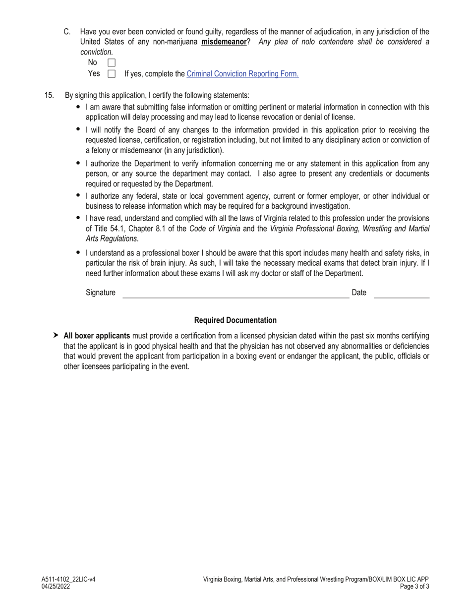 Form A511-4102_22LIC Boxer / Limited Boxer License Application - Virginia, Page 3
