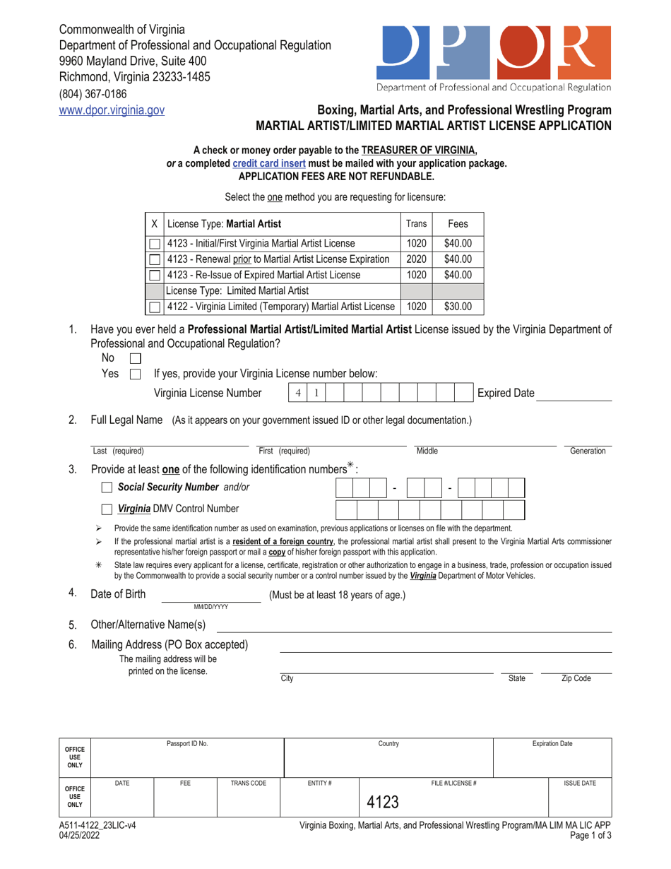 Form A511-4122_23LIC Martial Artist / Limited Martial Artist License Application - Virginia, Page 1