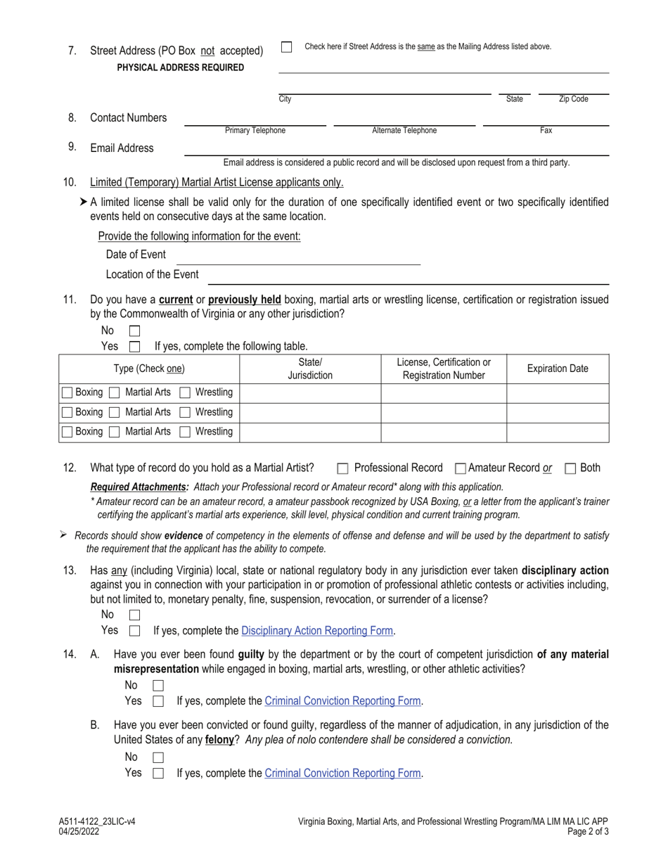 Form A511-4122_23LIC Martial Artist / Limited Martial Artist License Application - Virginia, Page 2