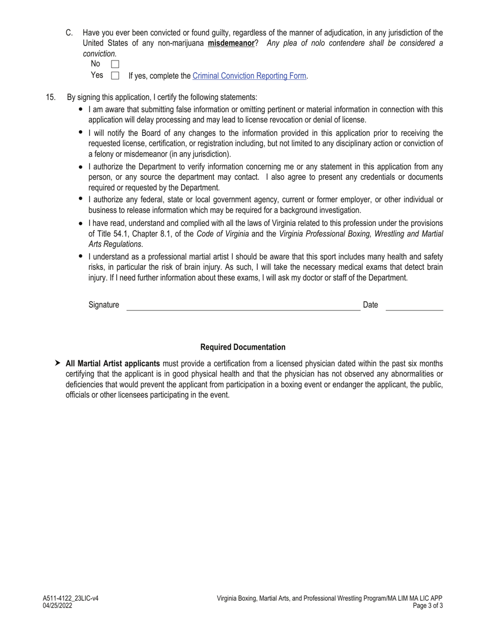 Form A511-4122_23LIC Martial Artist / Limited Martial Artist License Application - Virginia, Page 3