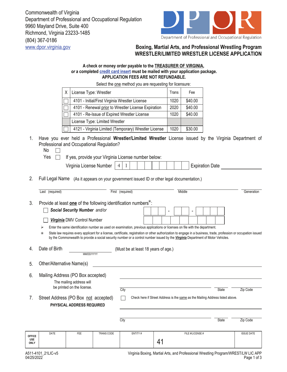 Form A511-4101_21LIC Wrestler / Limited Wrestler License Application - Virginia, Page 1