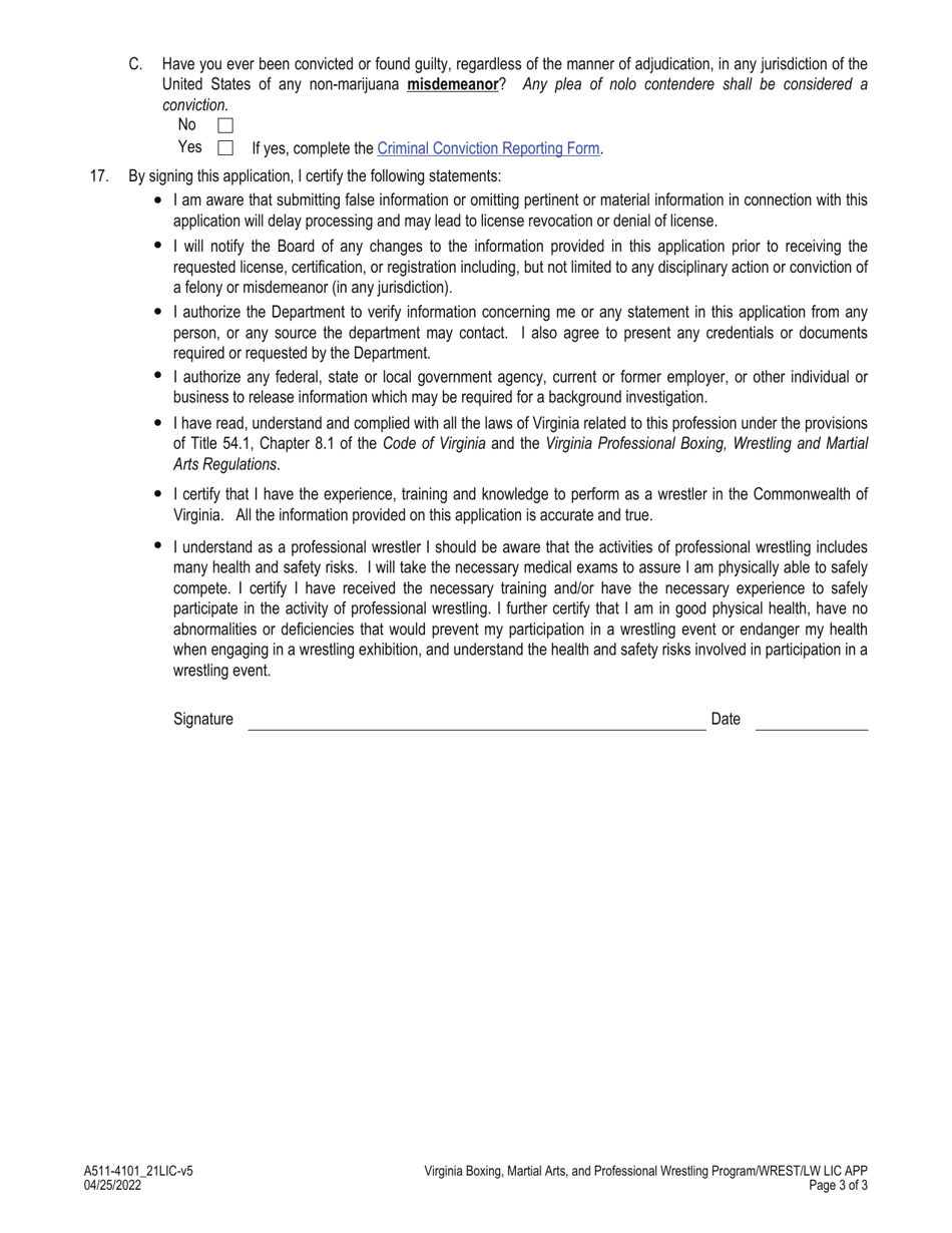 Form A511-4101_21LIC Wrestler / Limited Wrestler License Application - Virginia, Page 3