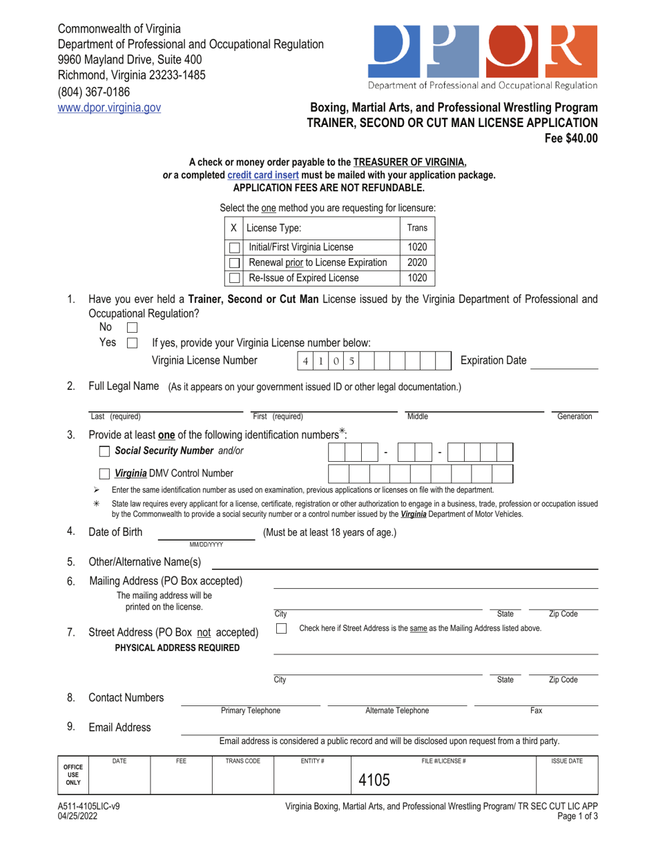 Form A511-4105LIC Trainer, Second or Cut Man License Application - Virginia, Page 1