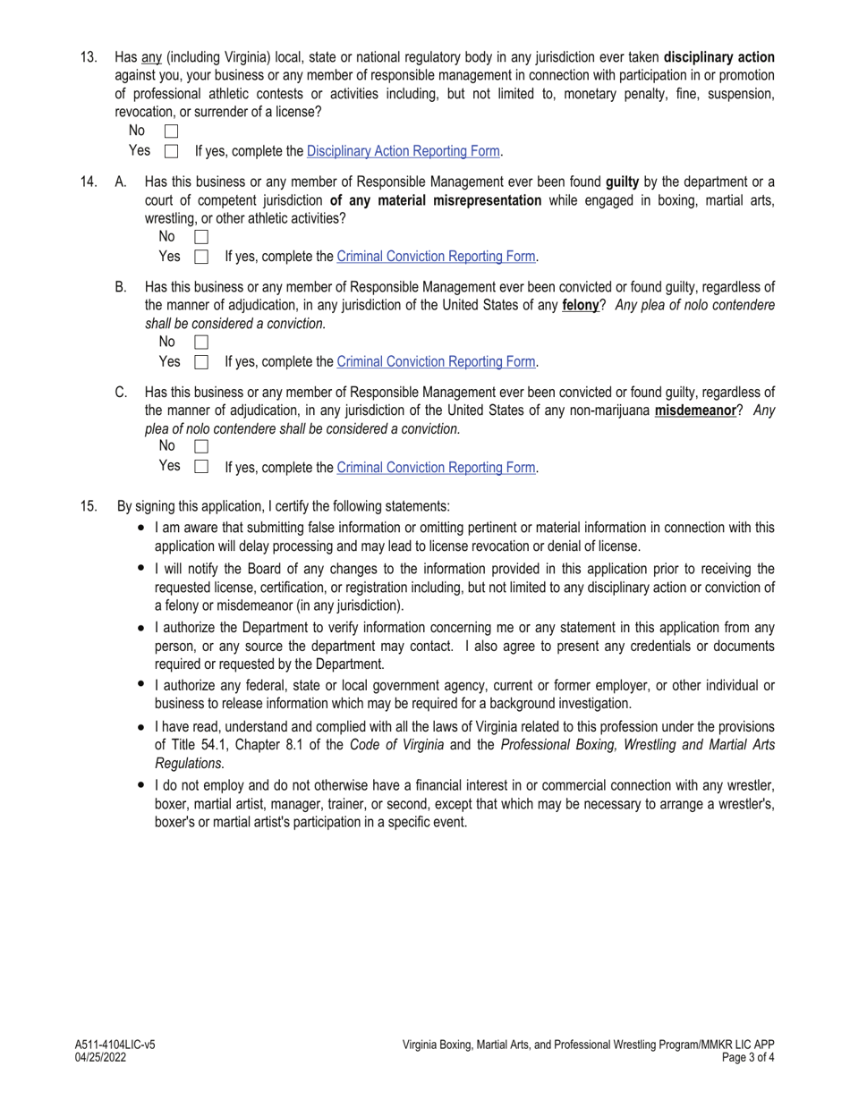 Form A511-4104LIC Matchmaker License Application - Boxing, Martial Arts, and Professional Wrestling Program - Virginia, Page 3