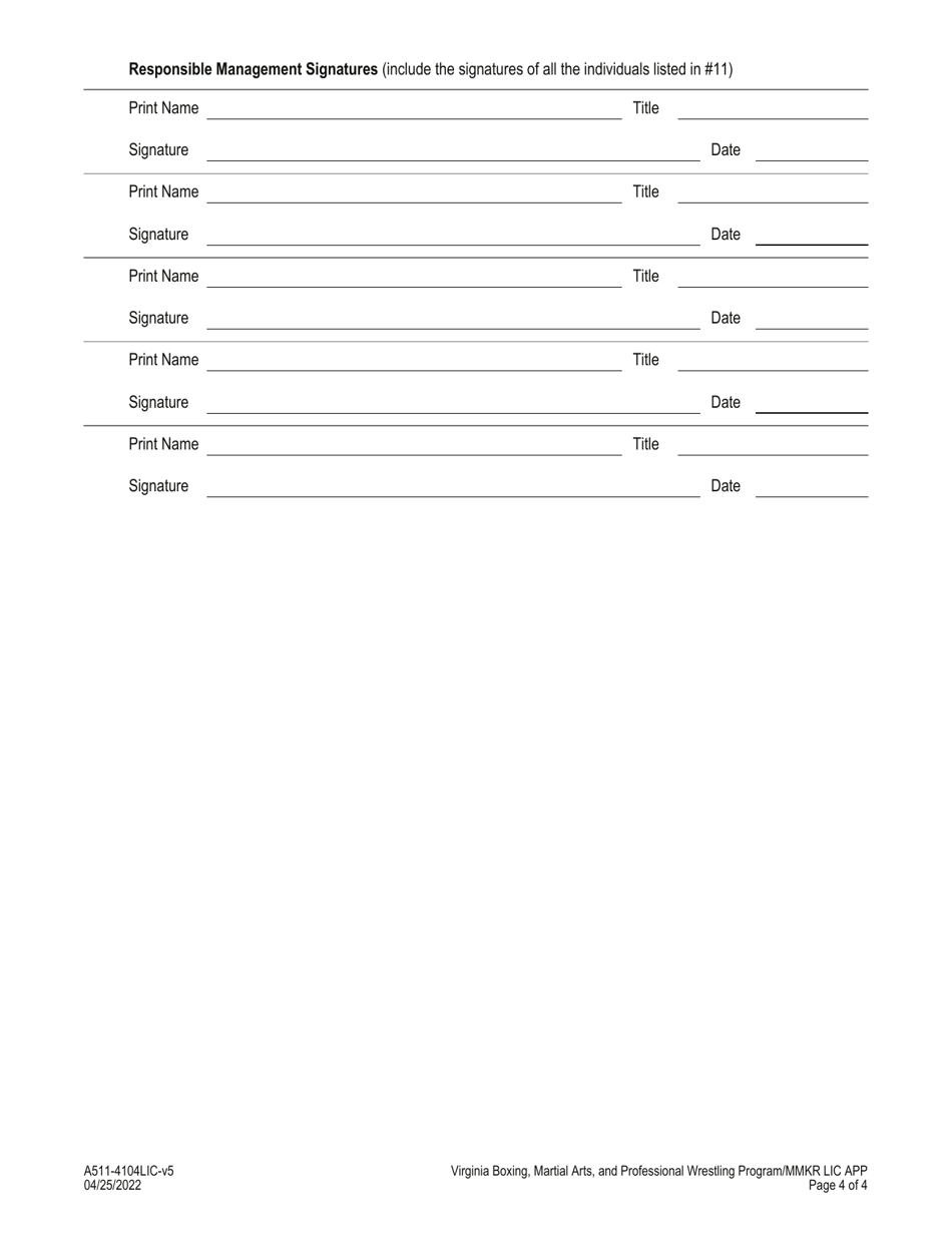 Form A511-4104LIC Matchmaker License Application - Boxing, Martial Arts, and Professional Wrestling Program - Virginia, Page 4