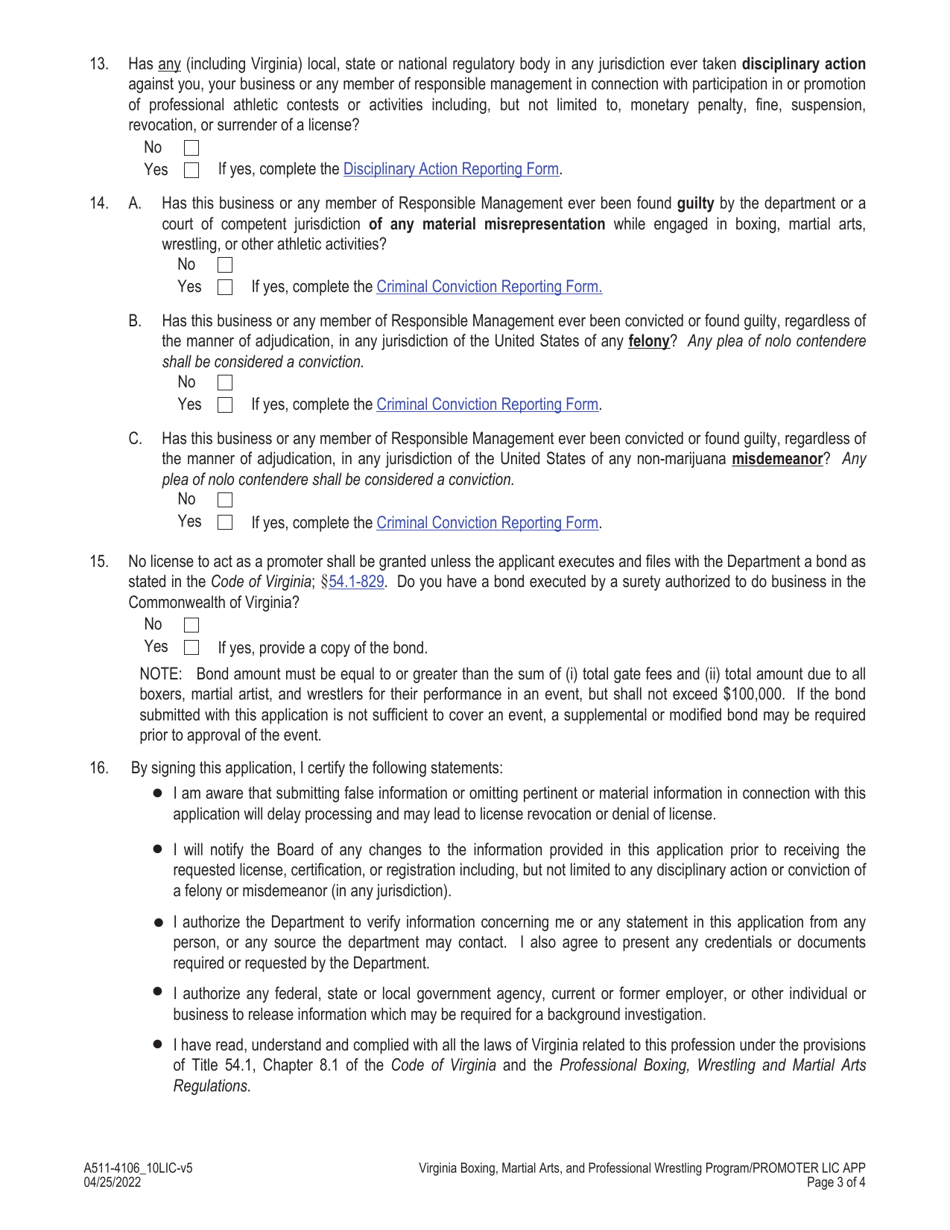 Form A511-4106_10LIC Promoter License Application - Boxing, Martial Arts, and Professional Wrestling Program - Virginia, Page 3
