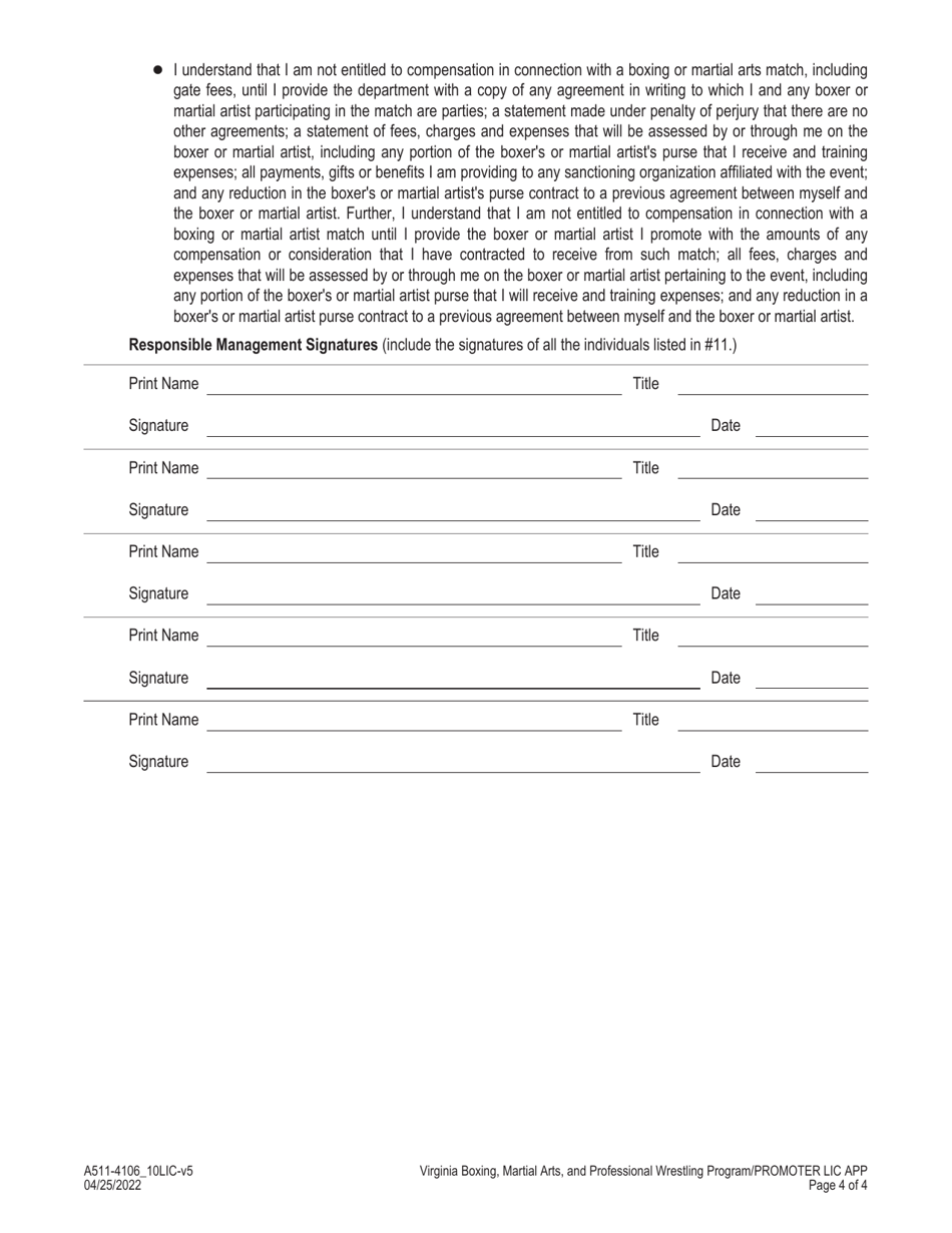 Form A511-4106_10LIC Download Fillable PDF or Fill Online Promoter ...