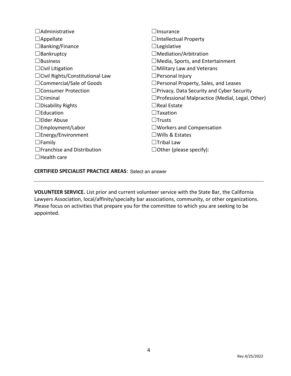 Application for Appointment to Serve on State Bar Committees - California, Page 4