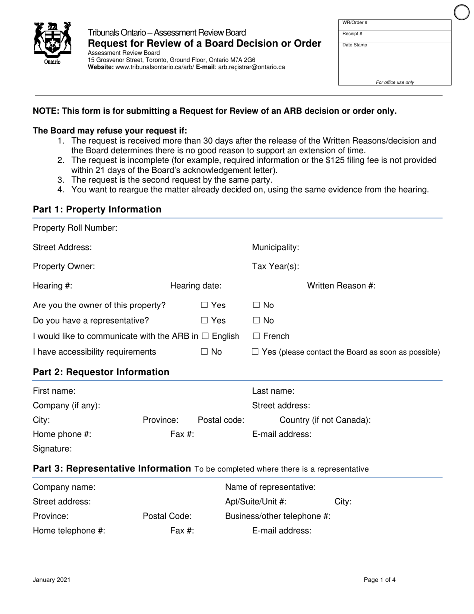 Request for Review of a Board Decision or Order - Ontario, Canada, Page 1