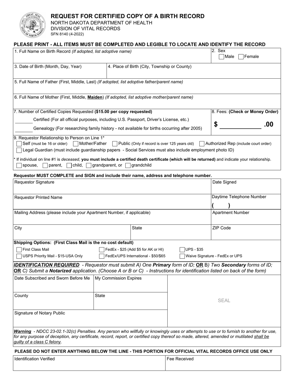 Form SFN8140 Request for Certified Copy of a Birth Record - North Dakota, Page 1