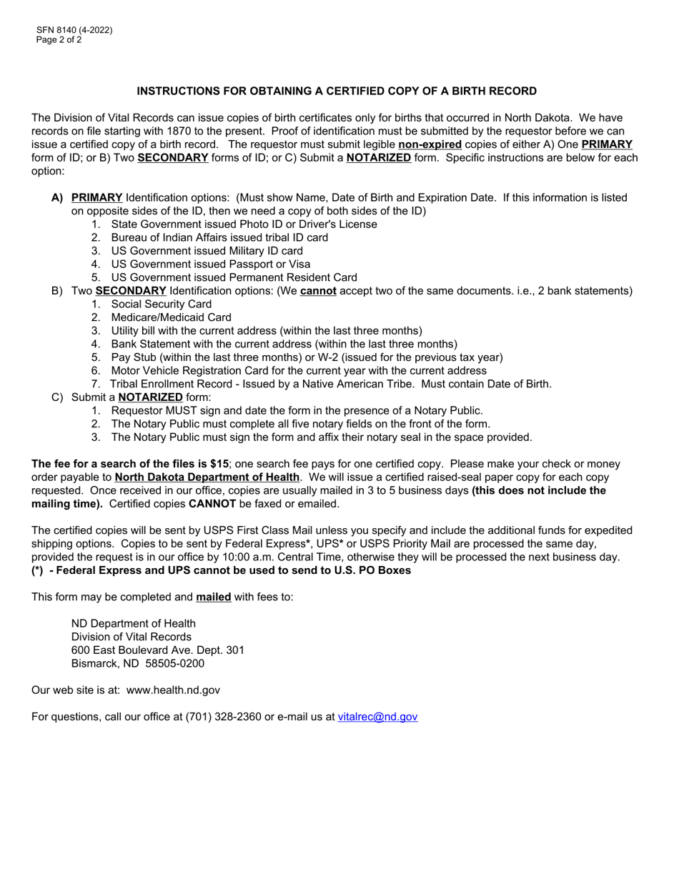 Form SFN8140 Request for Certified Copy of a Birth Record - North Dakota, Page 2
