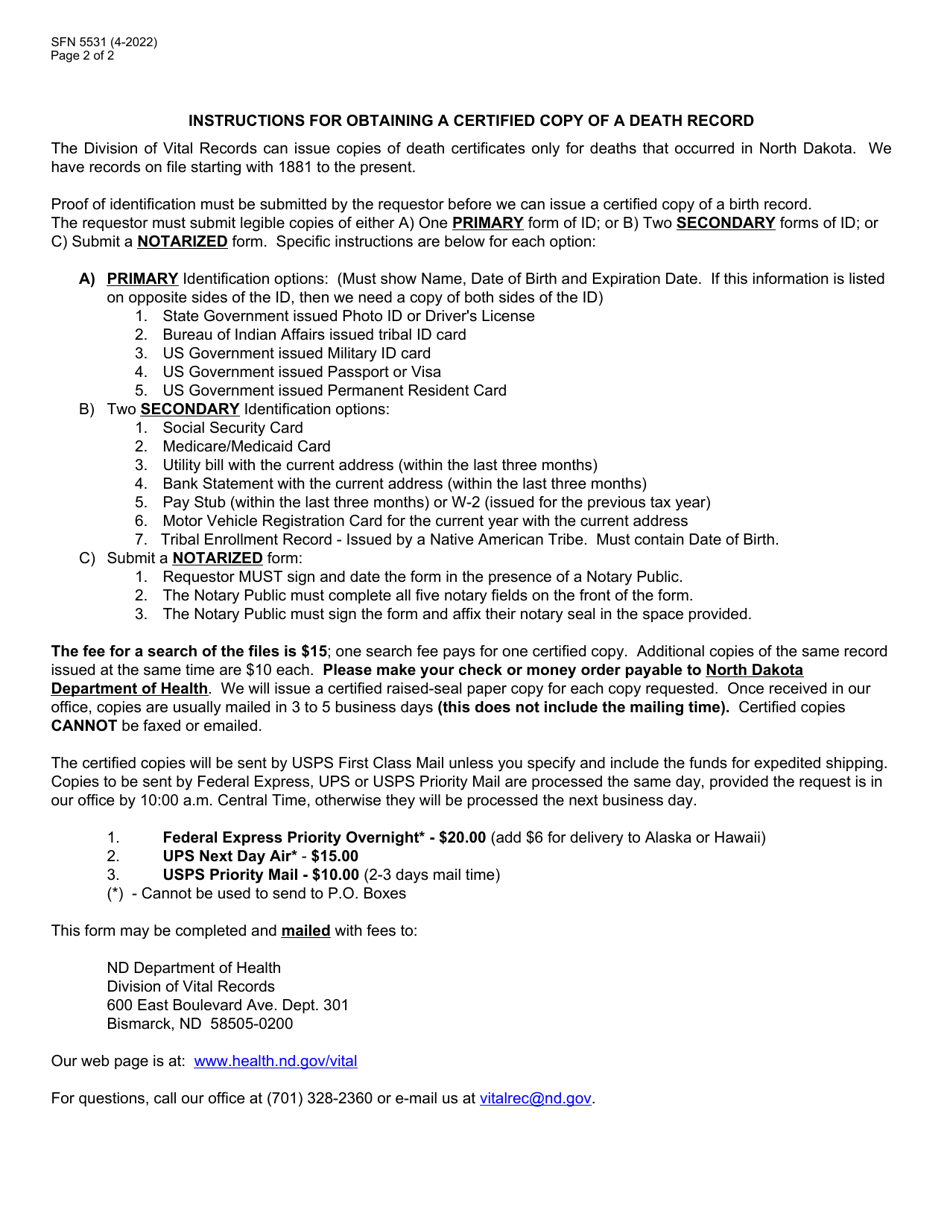 Form SFN5531 Request for Certified Copy of a Death Record - North Dakota, Page 2