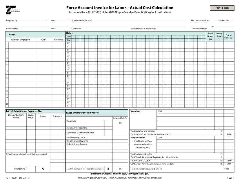 Form 734-1863B Force Account Invoice for Labor - Actual Cost Calculation - Oregon
