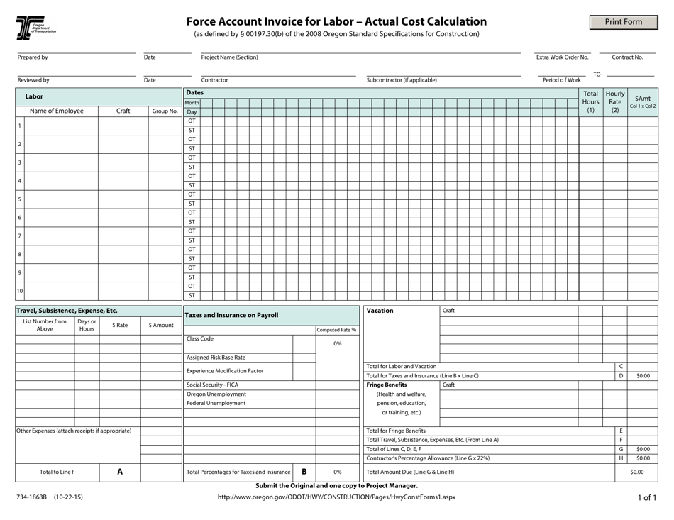 Form 734-1863B Force Account Invoice for Labor - Actual Cost Calculation - Oregon, Page 1