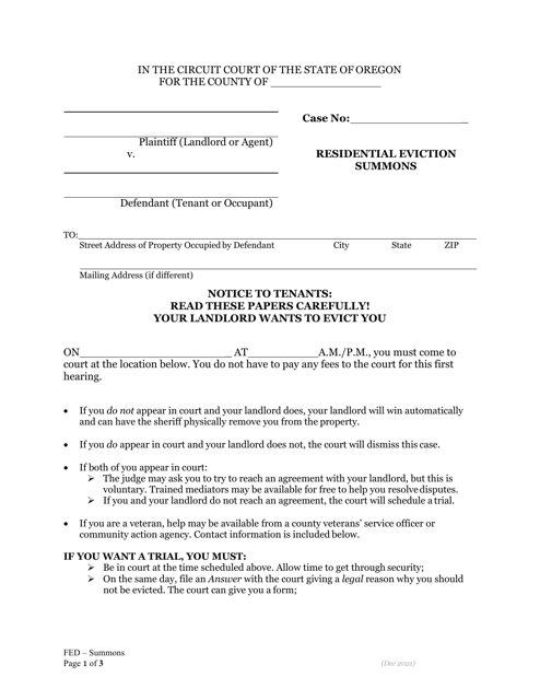 Residential Eviction Summons - Oregon Download Pdf