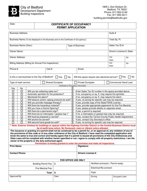 Certificate of Occupancy Permit Application - City of Bedford, Texas Download Pdf