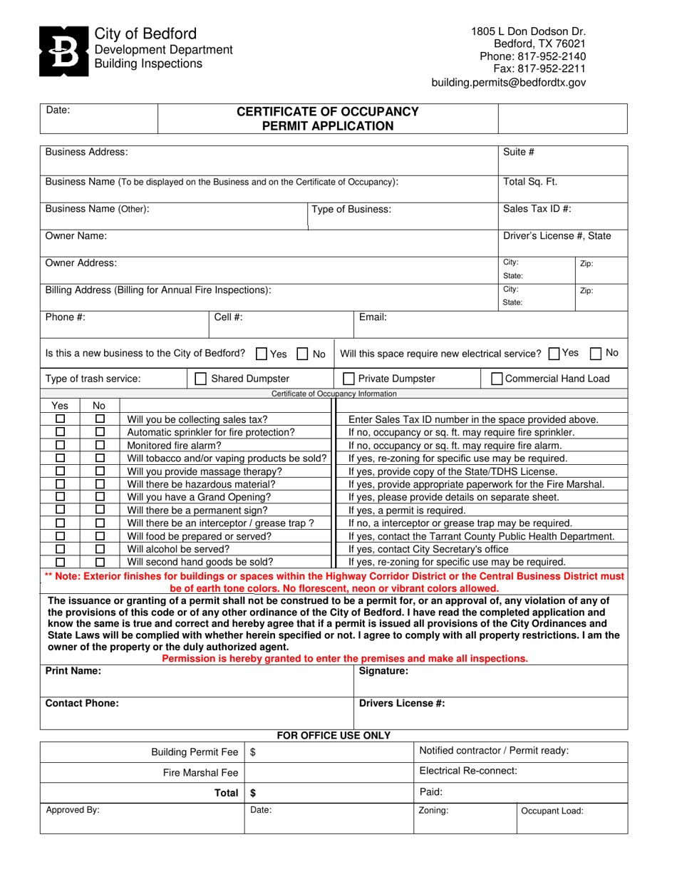 Certificate of Occupancy Permit Application - City of Bedford, Texas, Page 1