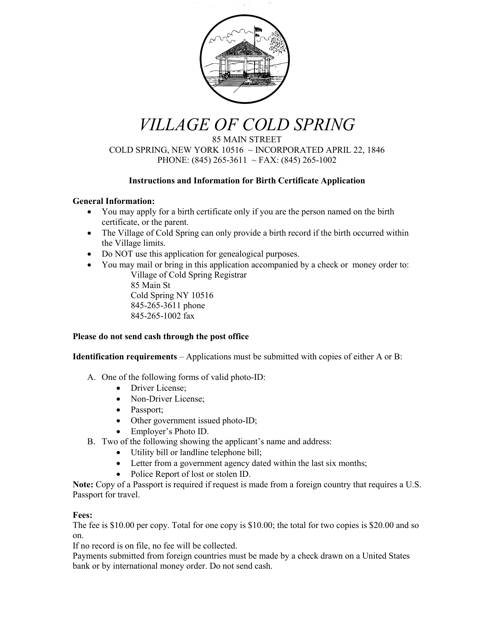Application for Copy of Birth Certificate - Village of Cold Spring, New York Download Pdf