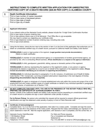 Document preview: Application for Unrestricted Certified Copy of a Death Record - County of Alameda, California