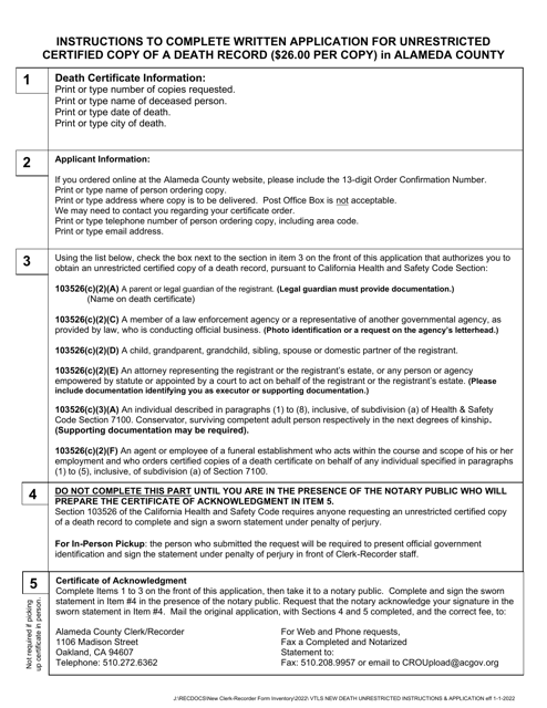 Application for Unrestricted Certified Copy of a Death Record - County of Alameda, California Download Pdf