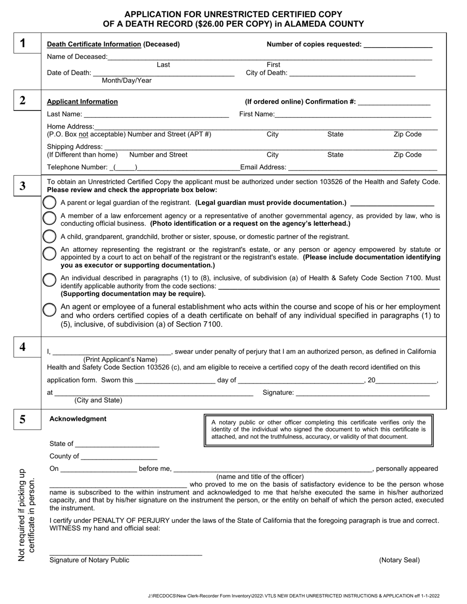 Application for Unrestricted Certified Copy of a Death Record - County of Alameda, California, Page 2