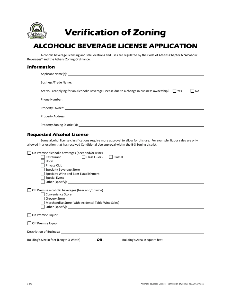 Verification of Zoning - Alcoholic Beverage License Application - City of Athens, Alabama, Page 1