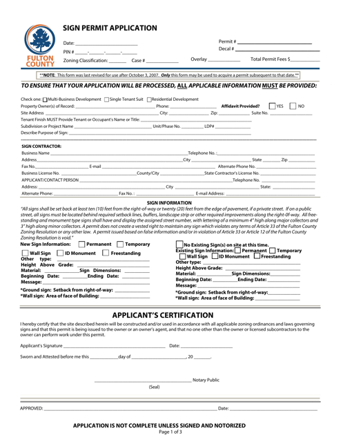 Sign Permit Application - Fulton County, Georgia (United States) Download Pdf