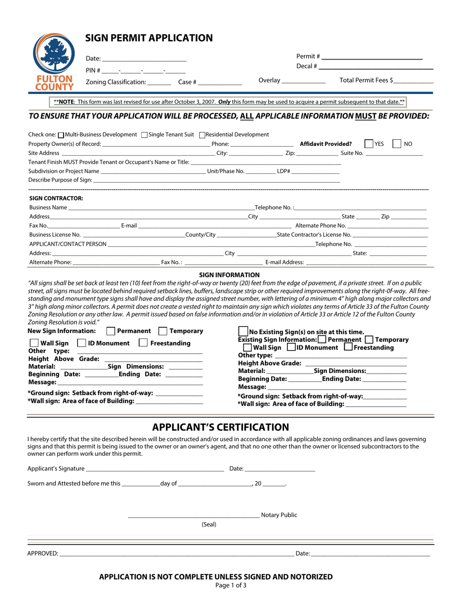 Fulton County, (United States) Sign Permit Application Fill