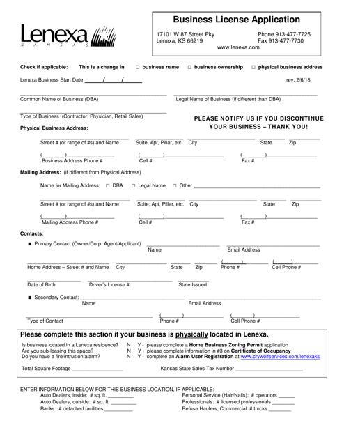 Business License Application - City of Lenexa, Kansas Download Pdf