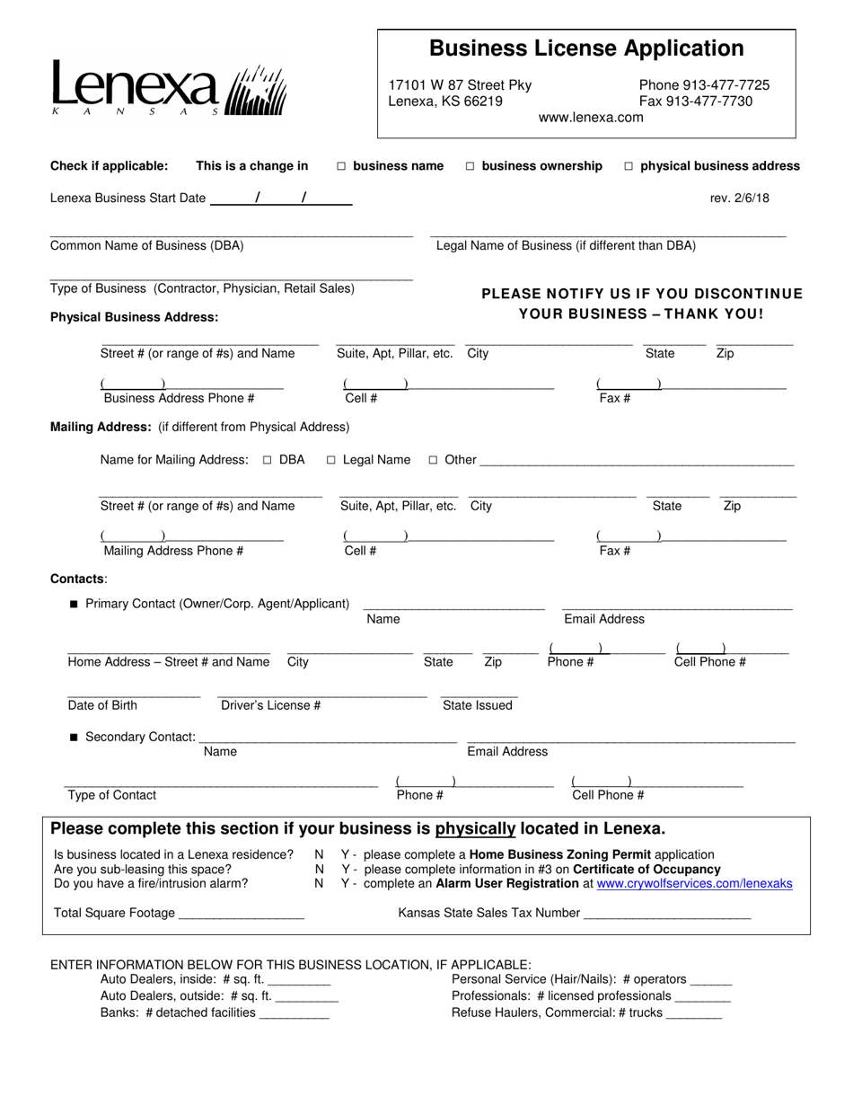 Business License Application - City of Lenexa, Kansas, Page 1