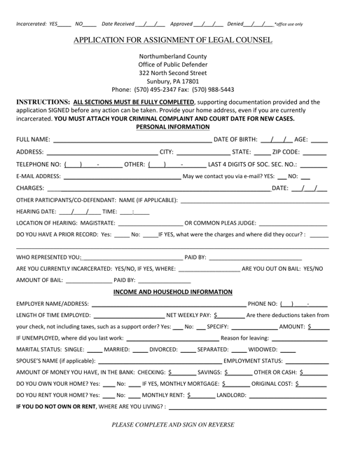 Application for Assignment of Legal Counsel - Northumberland County, Pennsylvania Download Pdf