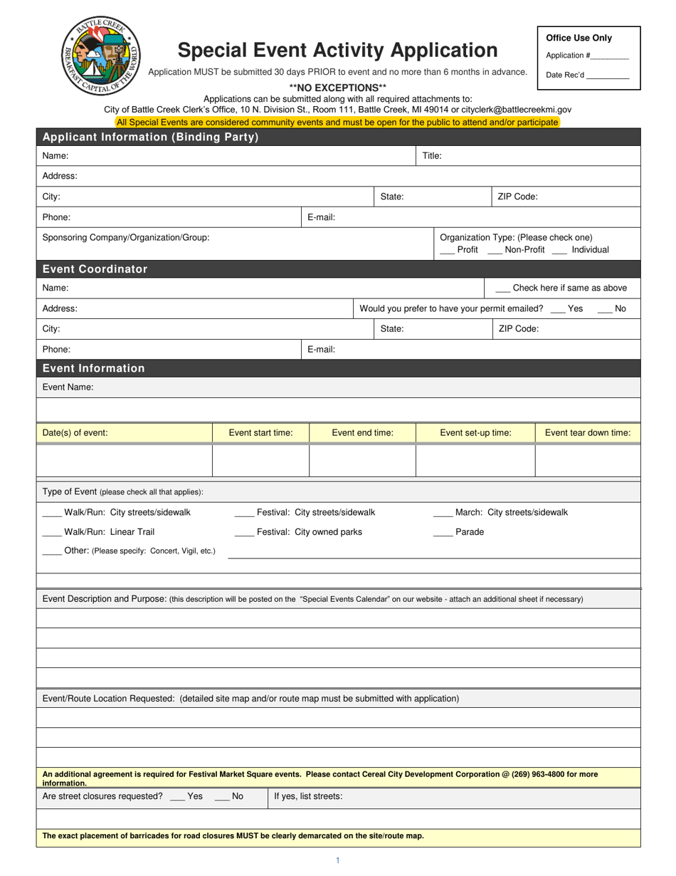 Special Event Activity Application - City of Battle Creek, Michigan, Page 1
