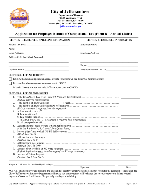 Form B Application for Employee Refund of Occupational Tax - Annual Claim - City of Jeffersontown, Kentucky