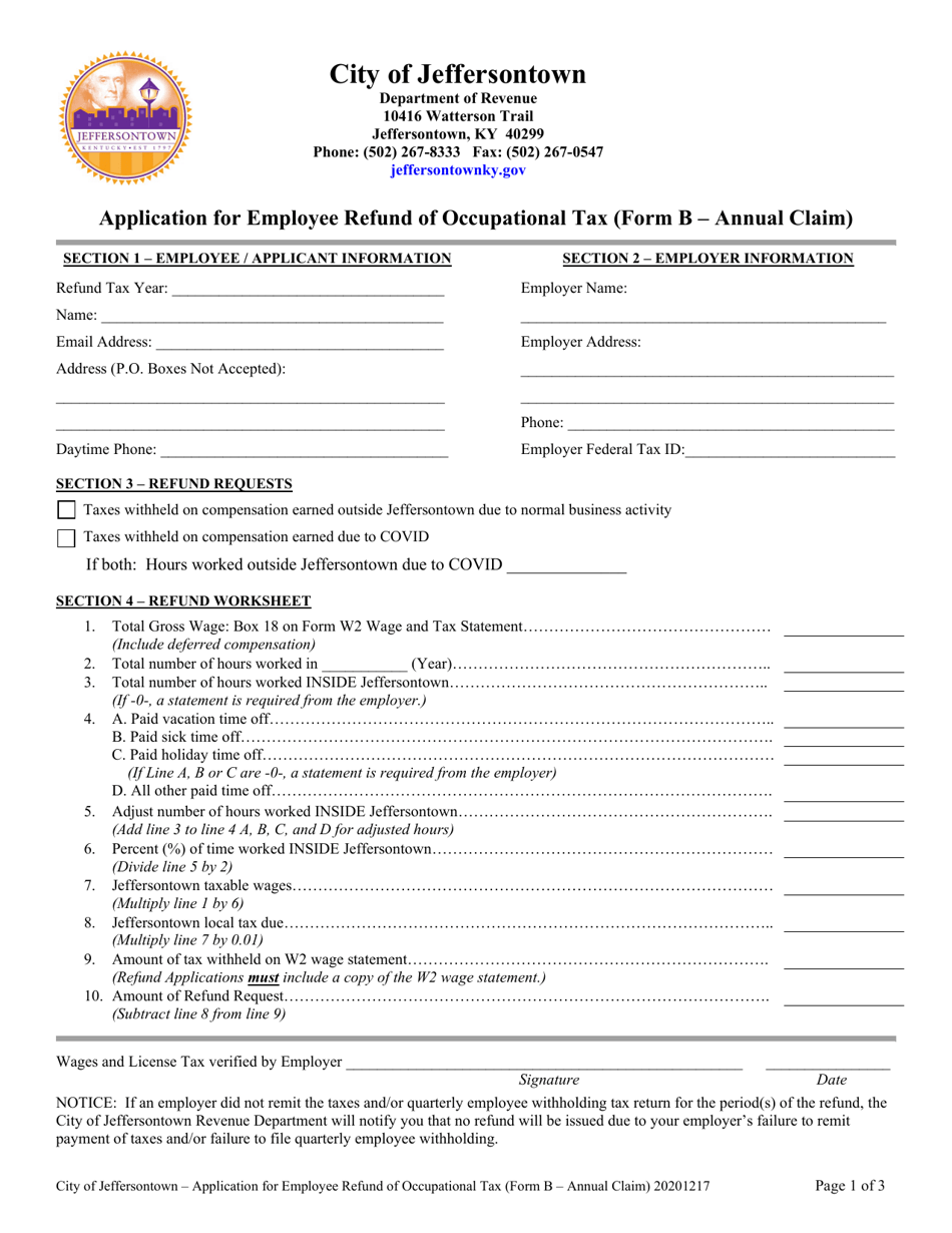 Form B Application for Employee Refund of Occupational Tax - Annual Claim - City of Jeffersontown, Kentucky, Page 1