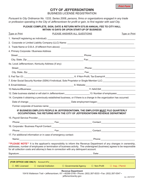 Business License Registration - City of Jeffersontown, Kentucky Download Pdf