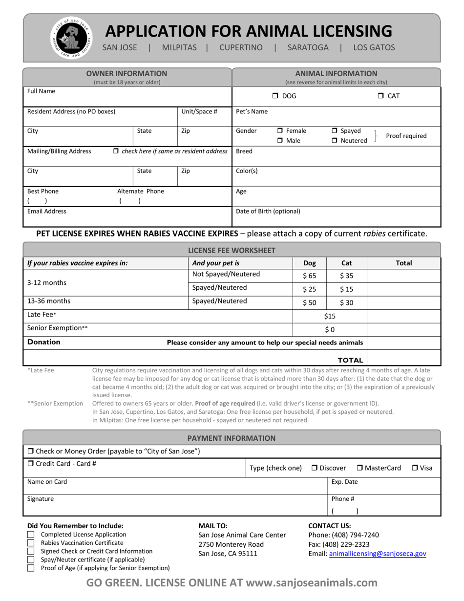 Application for Animal Licensing - City of San Jose, California, Page 1