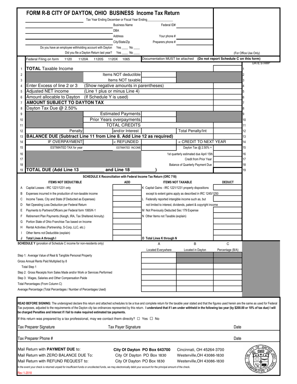 Form R-B Business Income Tax Return - City of Dayton, Ohio, Page 1