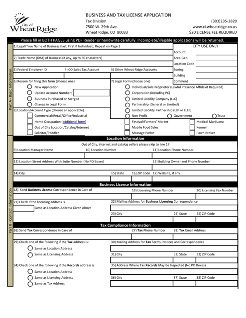 Business and Tax License Application - City of Wheat Ridge, Colorado Download Pdf
