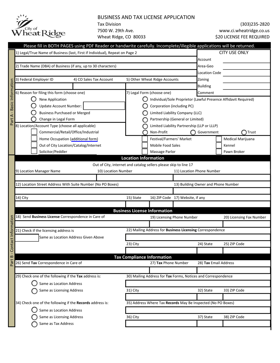 City of Wheat Ridge, Colorado Business and Tax License Application