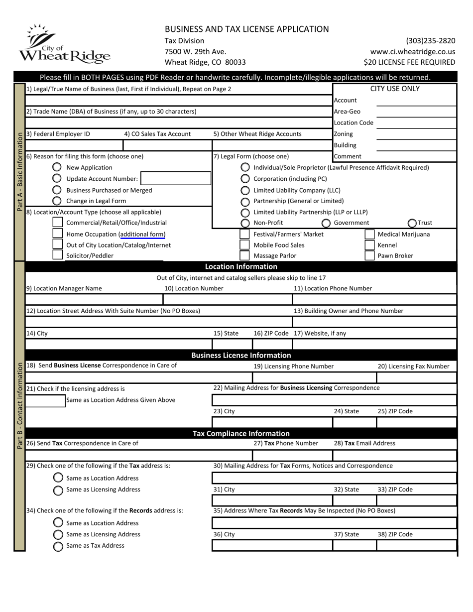 Business and Tax License Application - City of Wheat Ridge, Colorado, Page 1