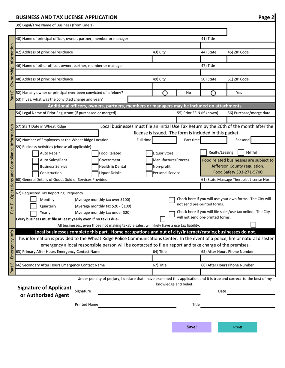 Business and Tax License Application - City of Wheat Ridge, Colorado, Page 2