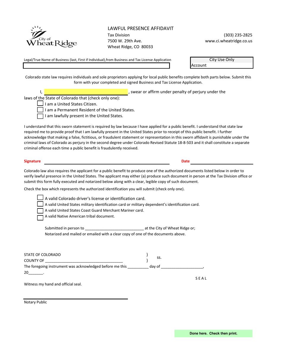 City of Wheat Ridge, Colorado Business and Tax License Application