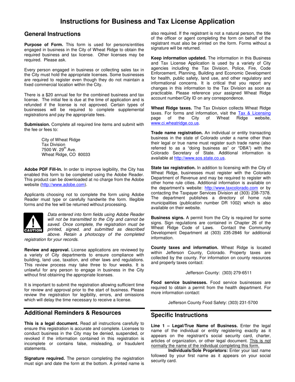 City of Wheat Ridge, Colorado Business and Tax License Application