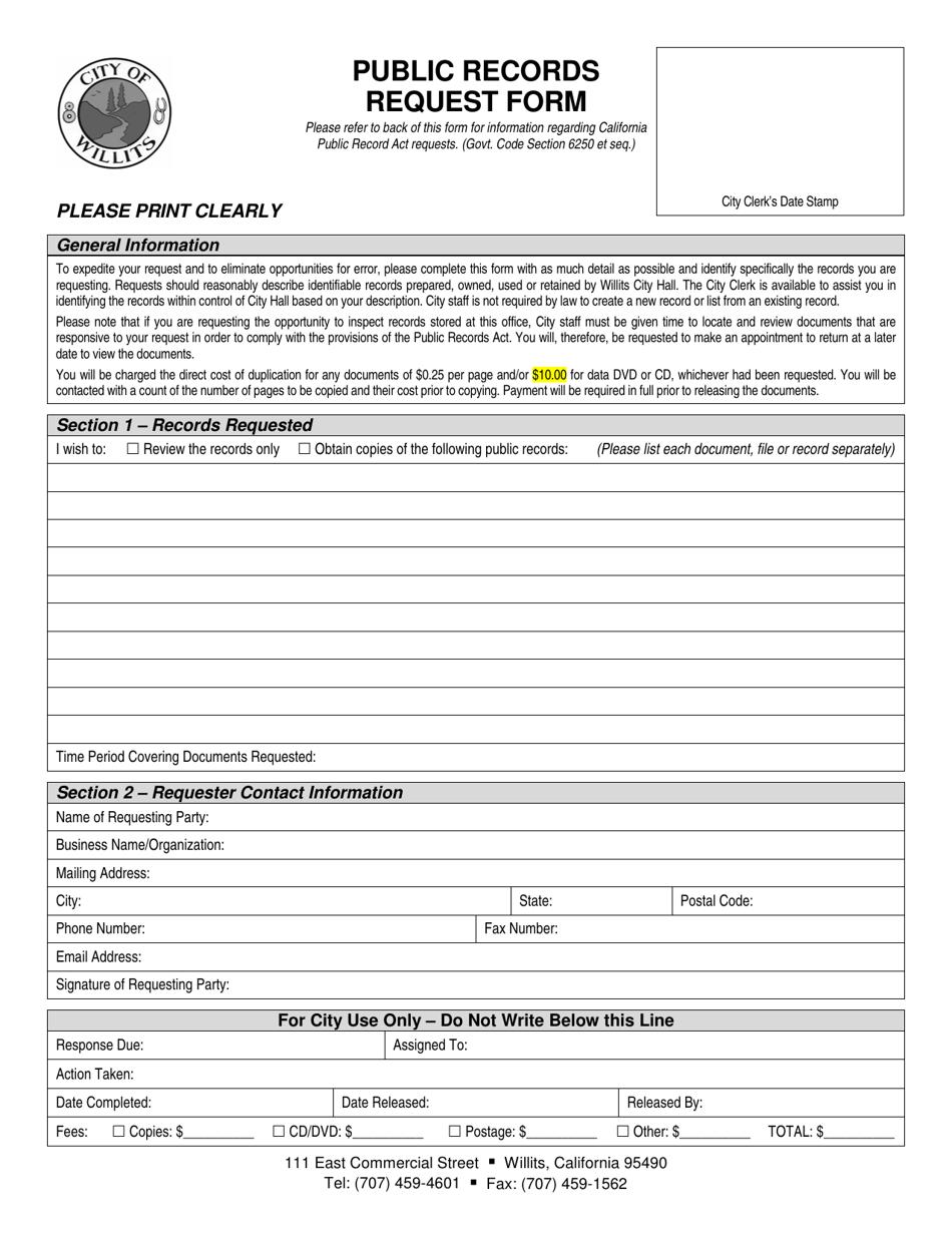 Public Records Request Form - City of Willits, California, Page 1