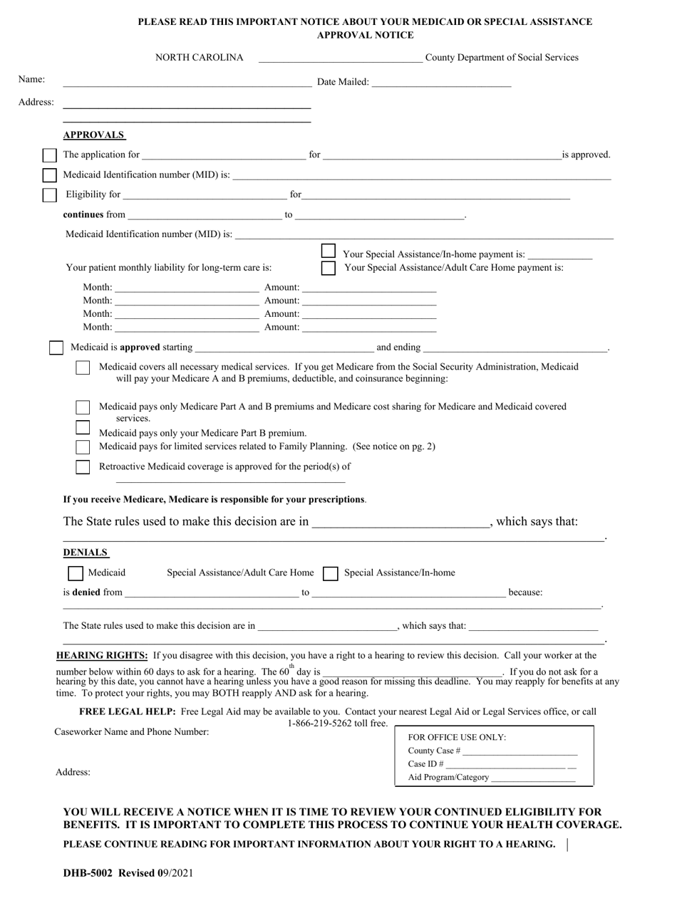 Form DHB-5002 Important Notice About Medicaid or Special Assistance Approval - North Carolina, Page 1