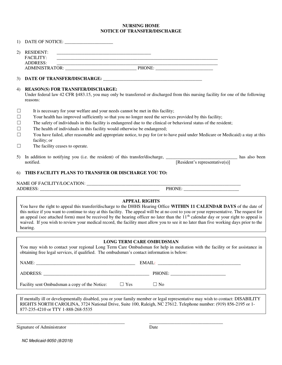 Form DMA-9050-IA Nursing Home Notice of Transfer / Discharge - North Carolina, Page 1
