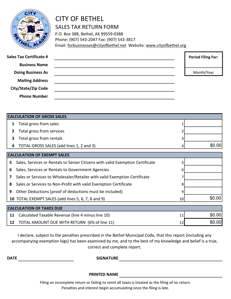 Sales Tax Return Form - City of Bethel, Alaska, Page 1