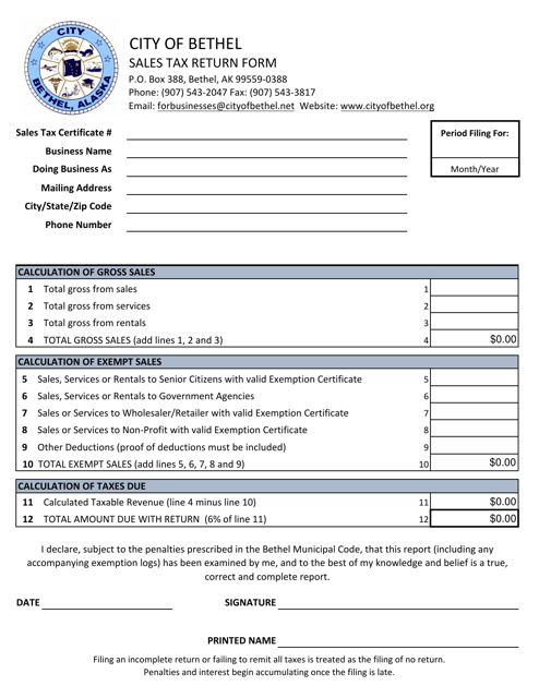 &quot;Sales Tax Return Form&quot; - City of Bethel, Alaska Download Pdf