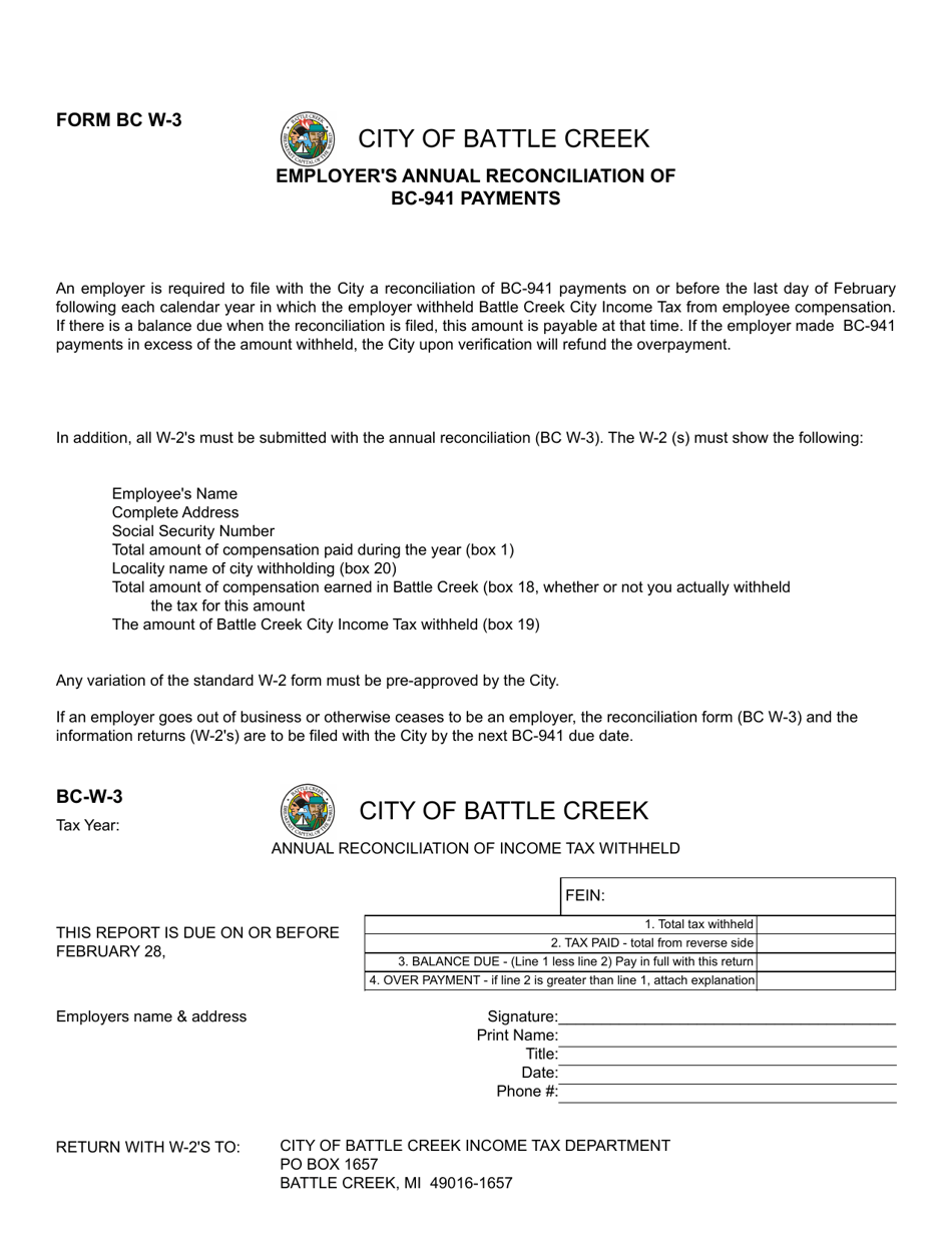 Form BC-W-3 Employers Annual Reconciliation of Bc-941 Payments - City of Battle Creek, Michigan, Page 1